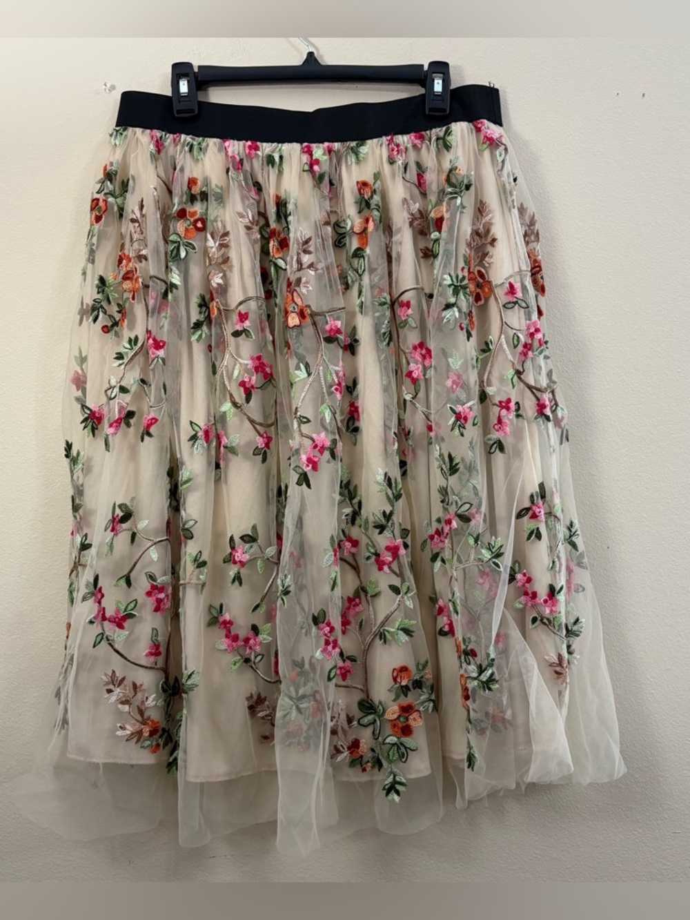 Cato Embroidered Floral Midi Skirt in Cream with Pink & Green Accents
